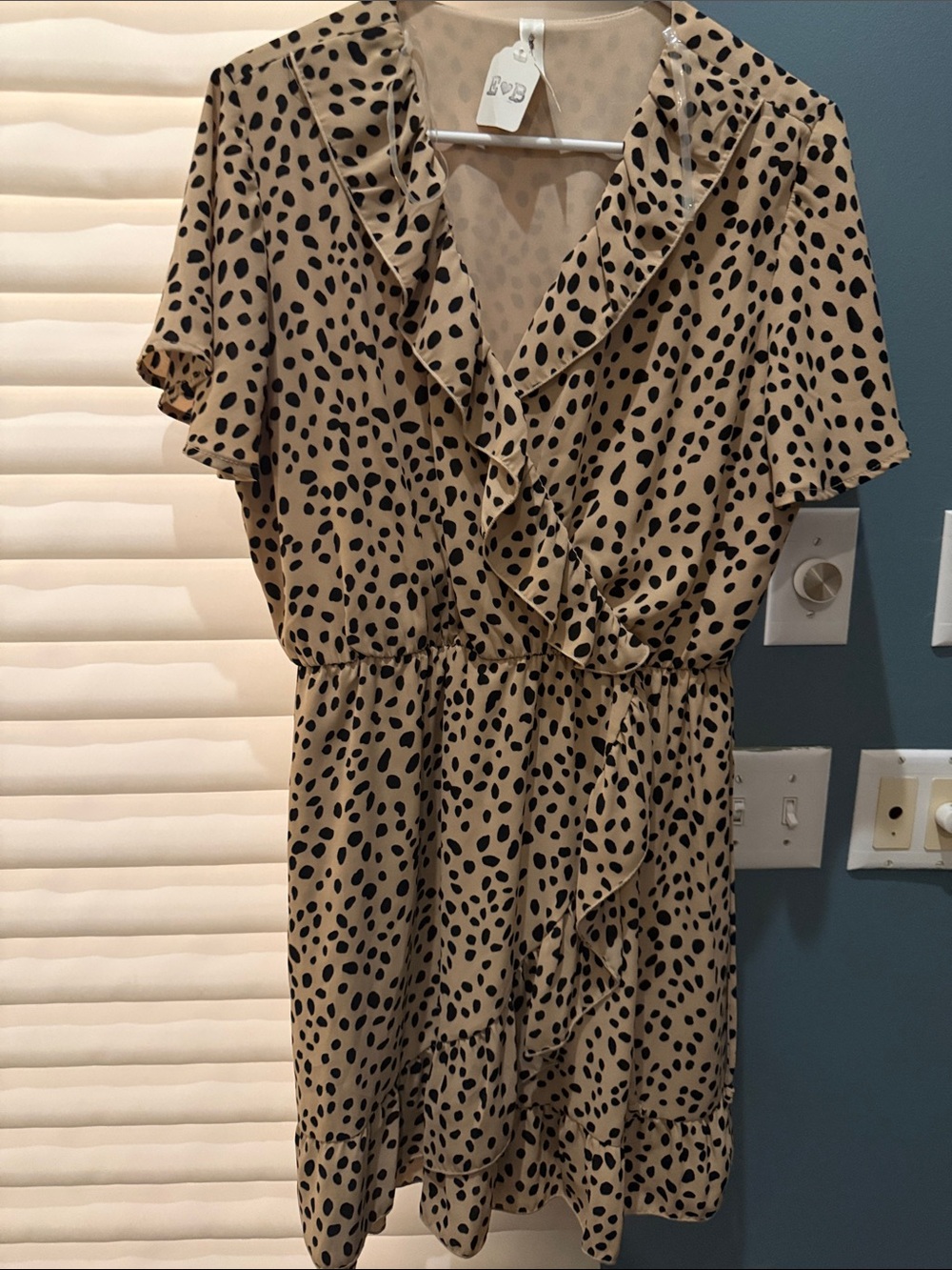 Vanilla Bay Tan Dress with Black Spot Ruffle Wrap